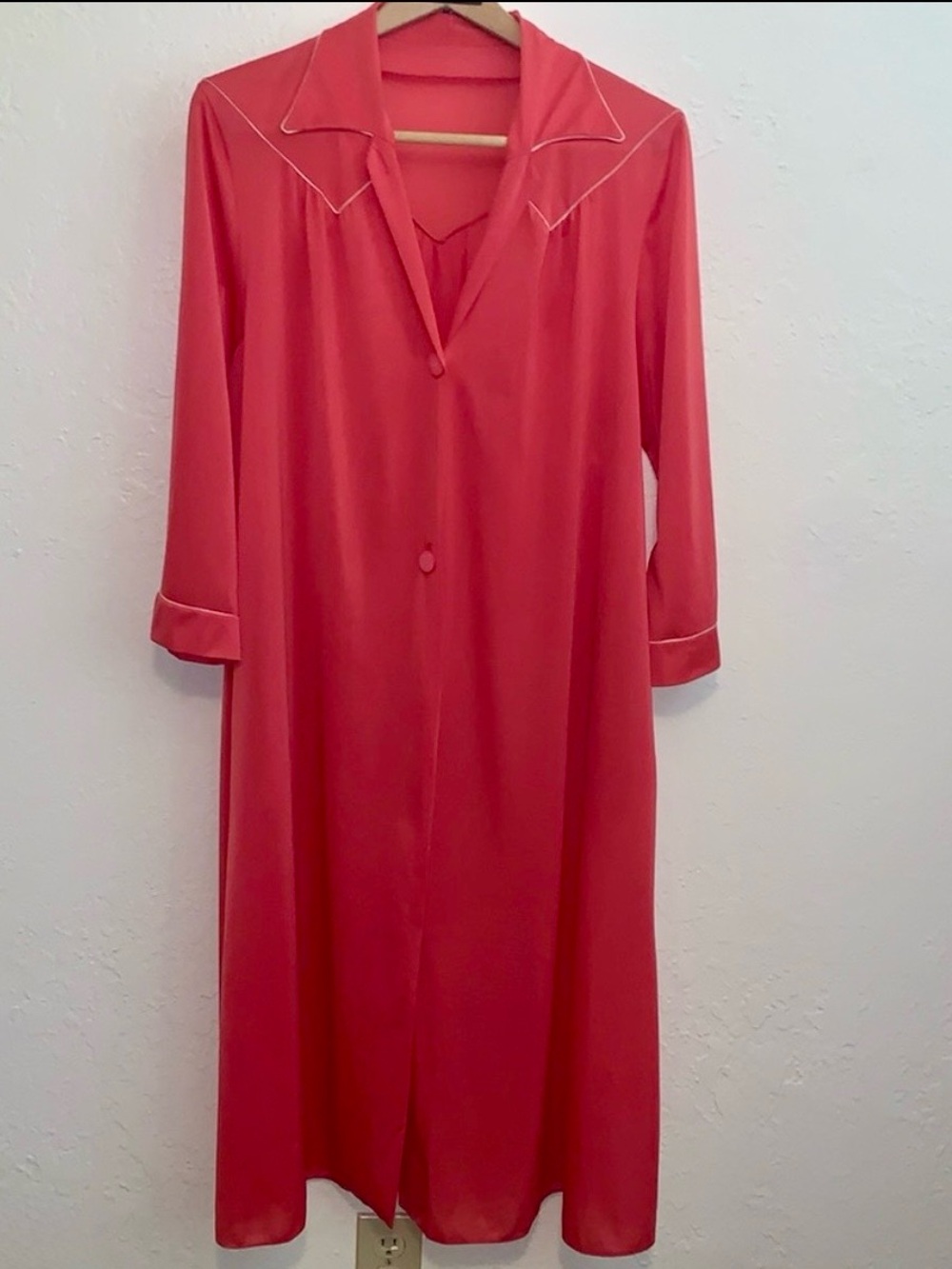 Vintage 70s Vanity Fair Maxi Robe Contrast Stitch Western Lounger Red 36 Medium